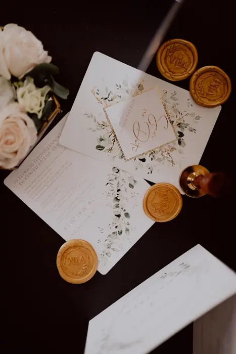 Hochzeitsfotograf Bayern Elegante Hochzeitseinladung mit Blumen und Wachssiegeln auf dunklem Hintergrund Dokumentarische Editorial Hochzeitsfotografie